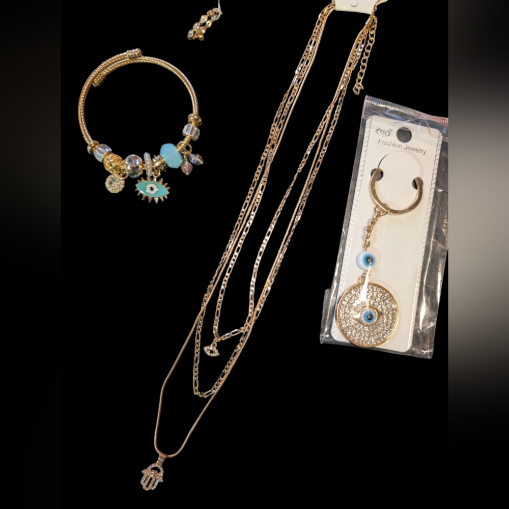 Hamsa Hand jewelry Bundle. Keychain, Necklace, Bracelet, Ring Sz 7 #33